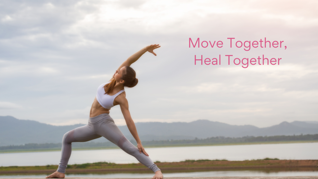 Contact banner with ALGSO's slogan: Move Together, Heal Together and a woman doing yoga.