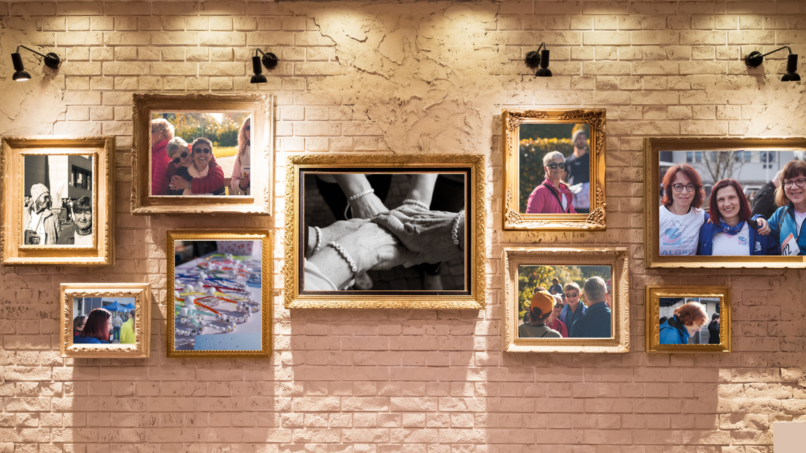 a group of framed pictures hung on a brick wall in a photo gallery