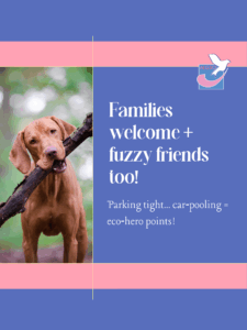ALGSO instagram post with text: “Families welcome + fuzzy friends too! Parking tight… car‑pooling = eco‑hero points!”