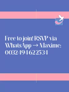 ALGSO instagram post with text: “Free to join! RSVP via WhatsApp → Maxime: 0032 494 62 25 34"