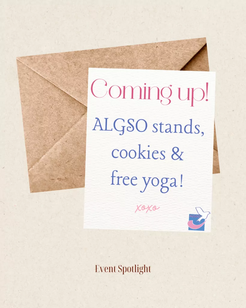Letter with text: Coming up! ALGSO stands, cookies & free yoga! Instagram post promoting the ALGSO stand at the Journée de l'Octobre Rose 2025 at the HRS.