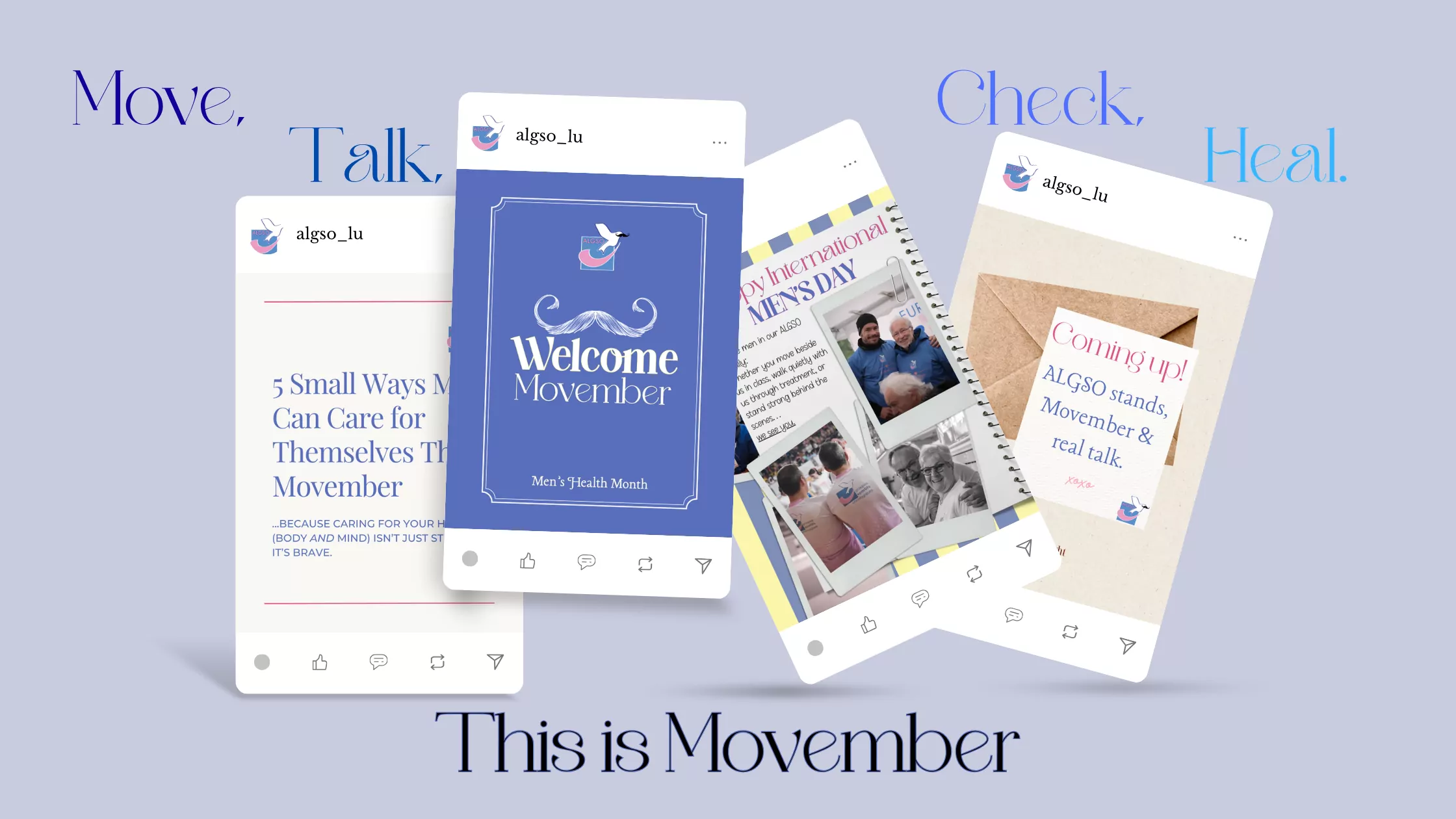 Banner with ALGSO's Movember Instagram posts and words: "Move, Talk, Check, Heal. This is Movember"