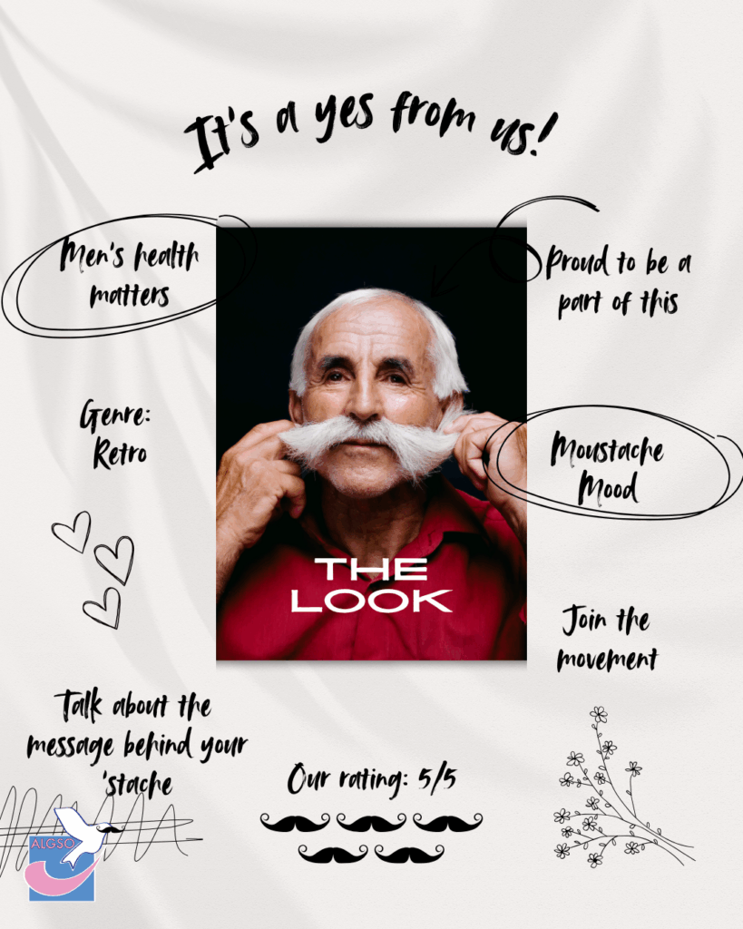 Retro-style feature of a man with a huge moustache with various comments around the photo such as: Men's health matters, and Moustache Mood, etc.