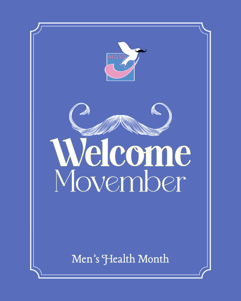 ALGSO Movember Instagram post featuring a moustache and the text "Welcome Movember, Men's Health Month" alongside logo with a moustache on the bird .