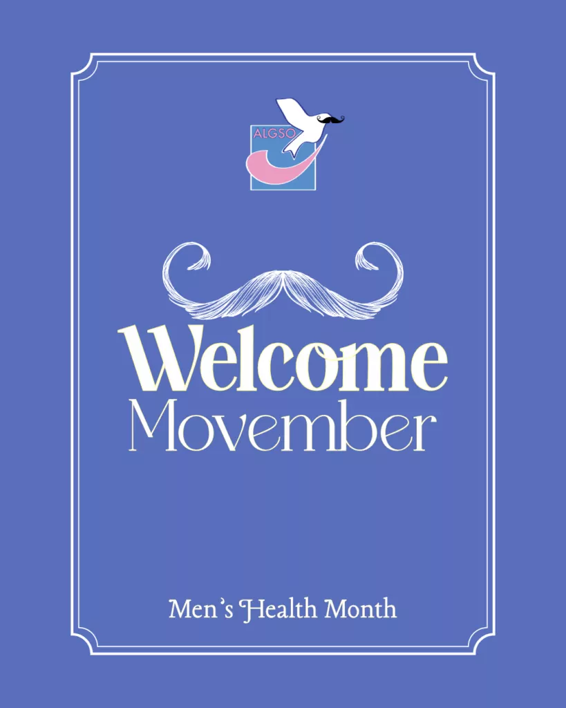ALGSO Movember Instagram post featuring a moustache and the text "Welcome Movember, Men's Health Month" alongside logo with a moustache on the bird .