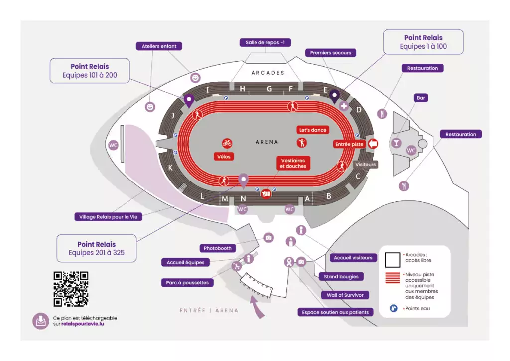 Plan of the Coque with the assigned bleacher sections for the Relais pour la Vie 2026 Luxembourg