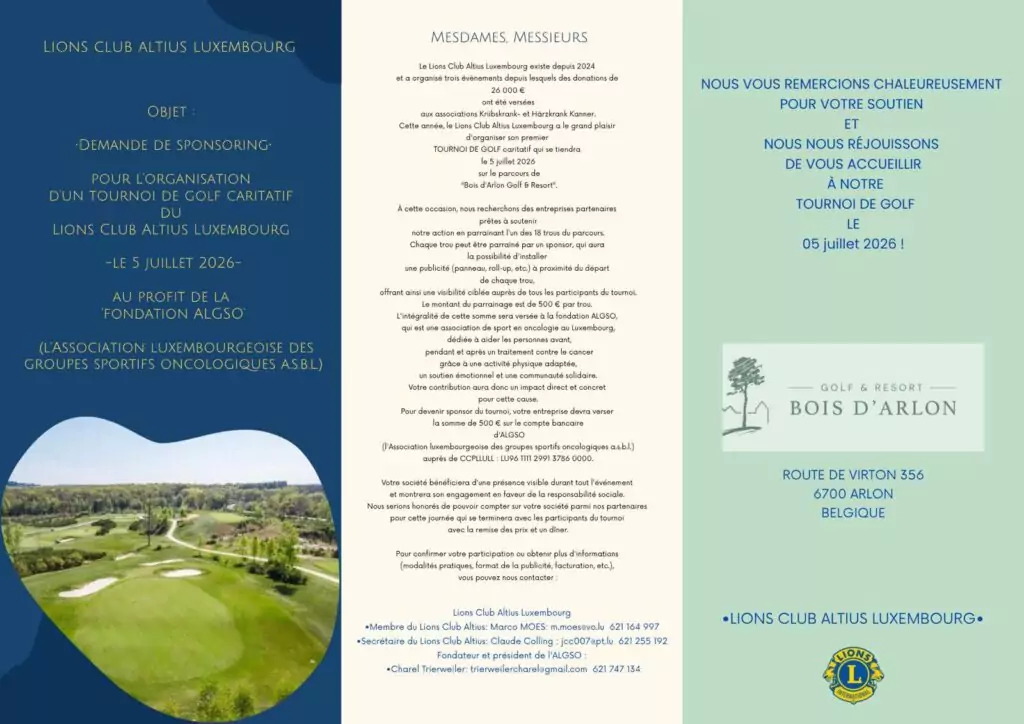 Sponsoring request for the Charity golf tournament in Luxembourg, organised by Lions Club Altius.