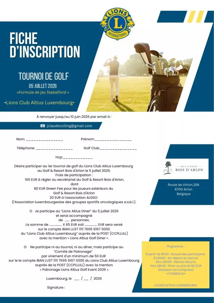 Registration form for participation in the Charity golf tournament in Luxembourg, organised by the Lions Club Altius.