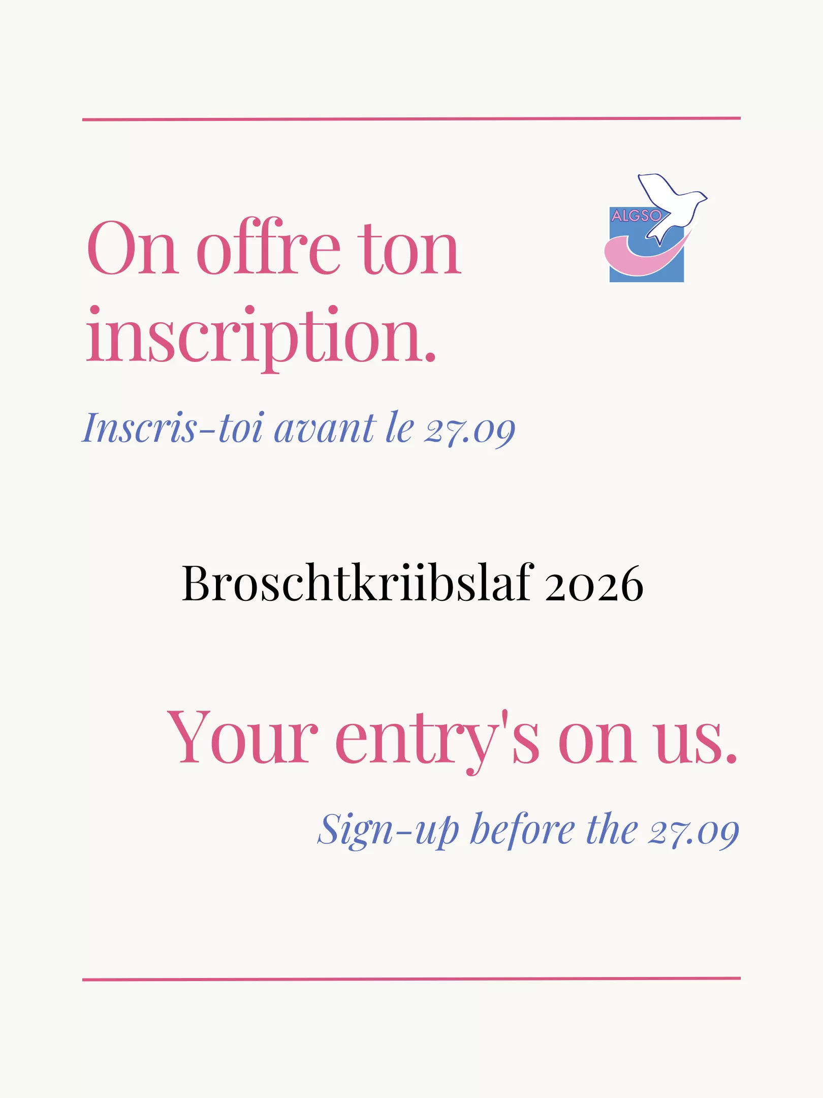 ALGSO's social media post saying: "Your entry's on us" for the Broschtkriibslaf 2026.