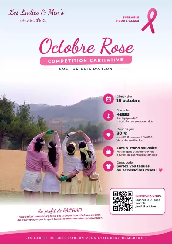 A pink-themed charity golf competition at Bois d'Arlon on 18 October, in aid of ALGSO. Swing for a good cause and wear your pink!
